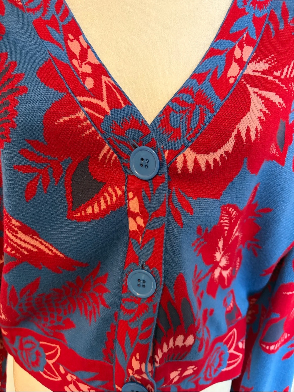 FARM Rio Lace Garden Knit Blue and Red Floral V-Neck Cardigan Sweater - Picture 4 of 6